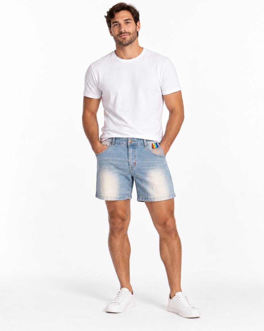 Addicted Men’s L 34 Light Wash Denim Shorts Rainbow Pride 5" Inseam Spain